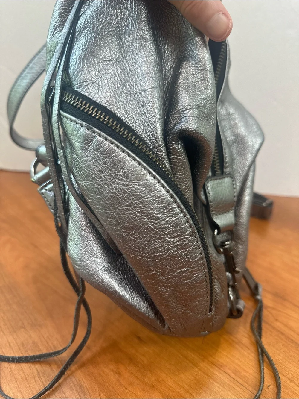 Rebecca Minkoff Mini Julian Silver Metallic Leather Backpack Sling Bag